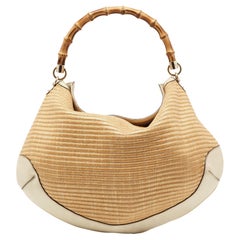 Beige/Cremefarbene Raffia- und Leder Peggy Bambusgriff Hobo von Gucci