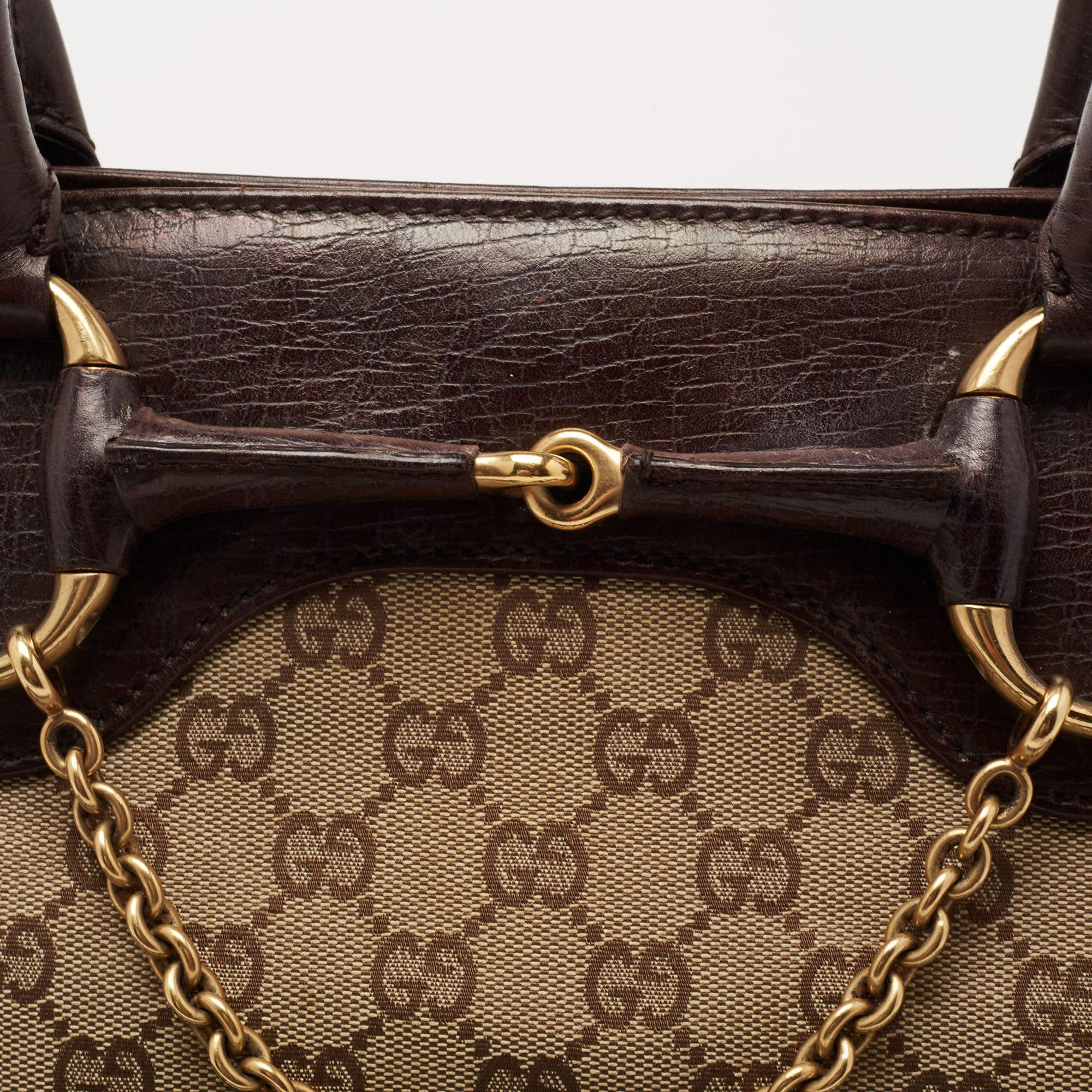 Gucci Beige/Dark Brown GG Canvas and Leather Horsebit Chain Tote 1