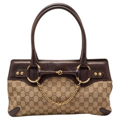 Gucci Beige/Dark Brown GG Canvas and Leather Horsebit Chain Tote