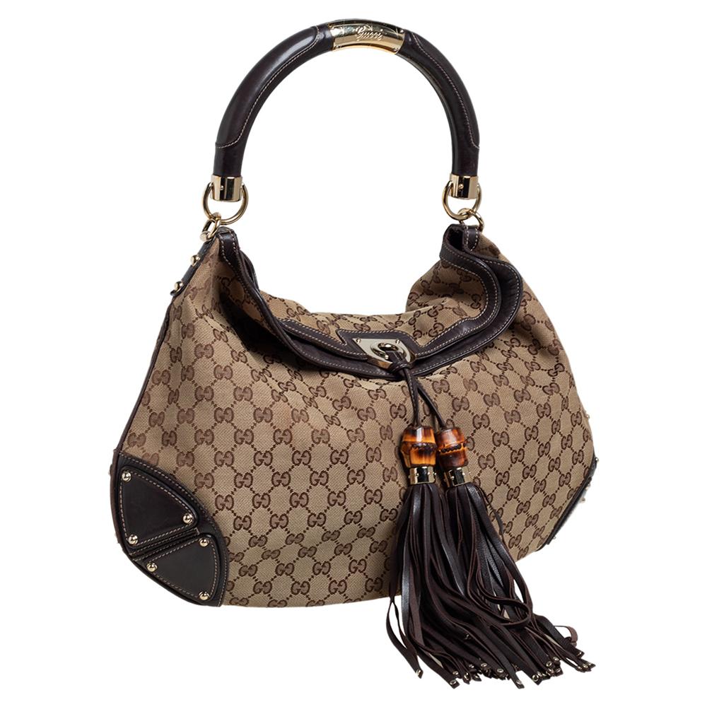 Gucci Beige/Dark Brown GG Canvas and Leather Large Babouska Indy Hobo In Fair Condition In Dubai, Al Qouz 2