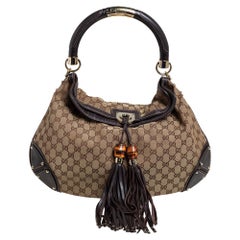 Gucci - Grand sac hobo Babouska Indy en toile et cuir beige/marron foncé GG