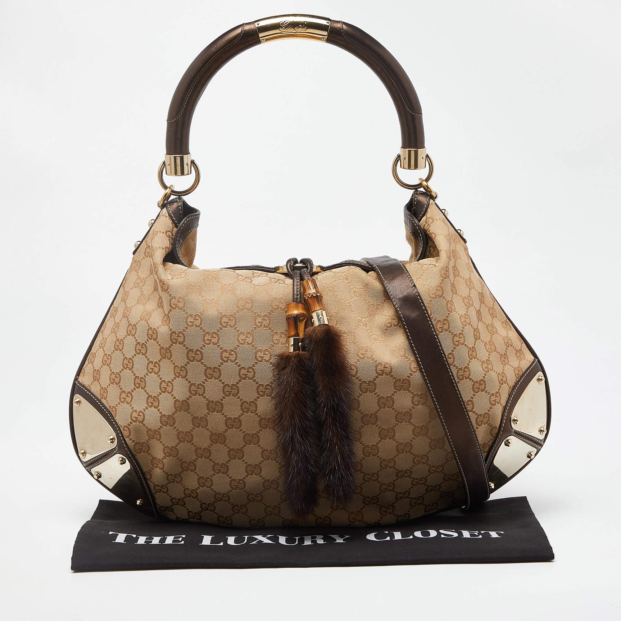 Gucci Beige/Dark Brown GG Canvas and Leather/Mink Fur Large Babouska Indy Hobo 9