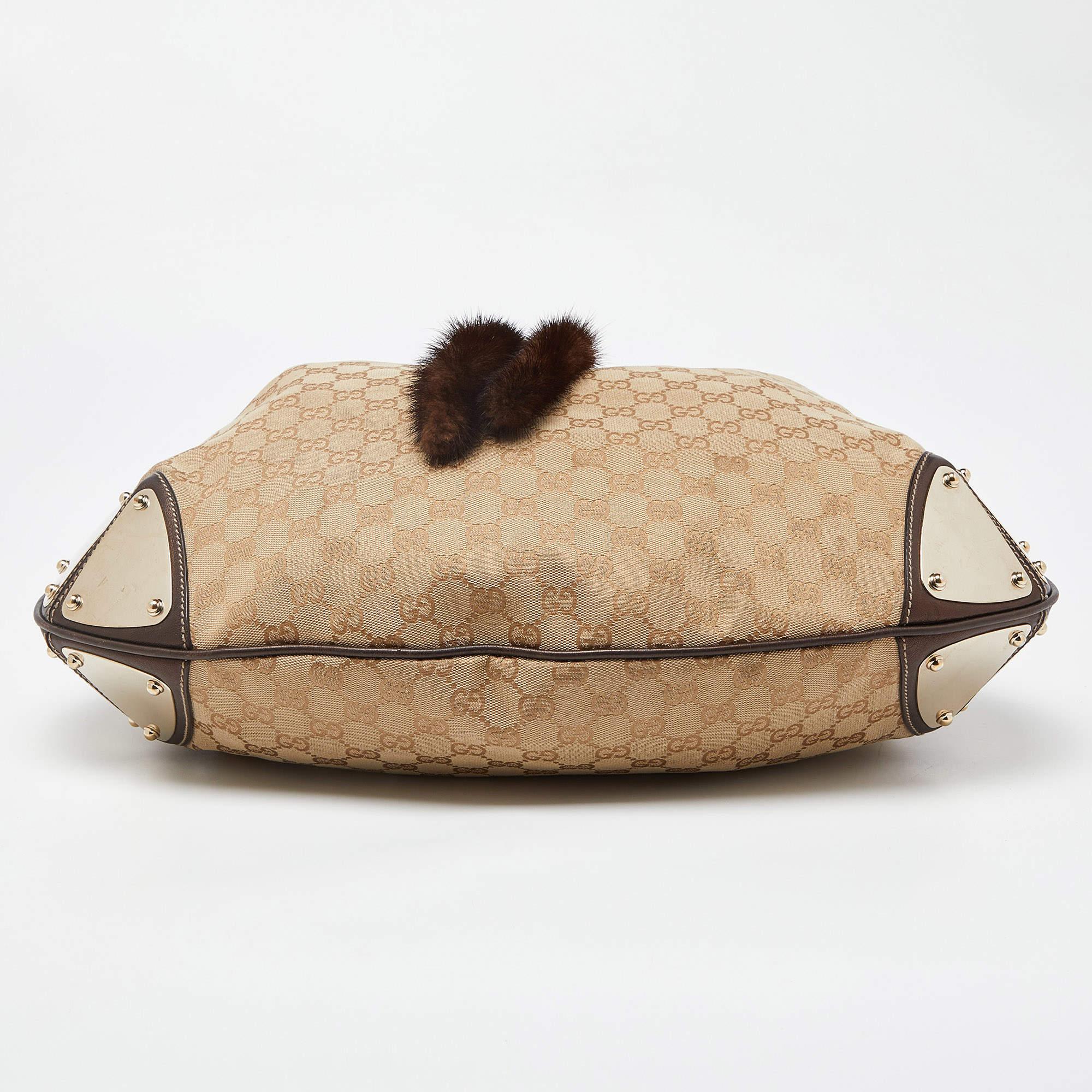 Gucci Beige/Dark Brown GG Canvas and Leather/Mink Fur Large Babouska Indy Hobo 11