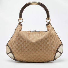 Gucci Beige/Dark Brown GG Canvas and Leather/Mink Fur Large Babouska Indy Hobo
