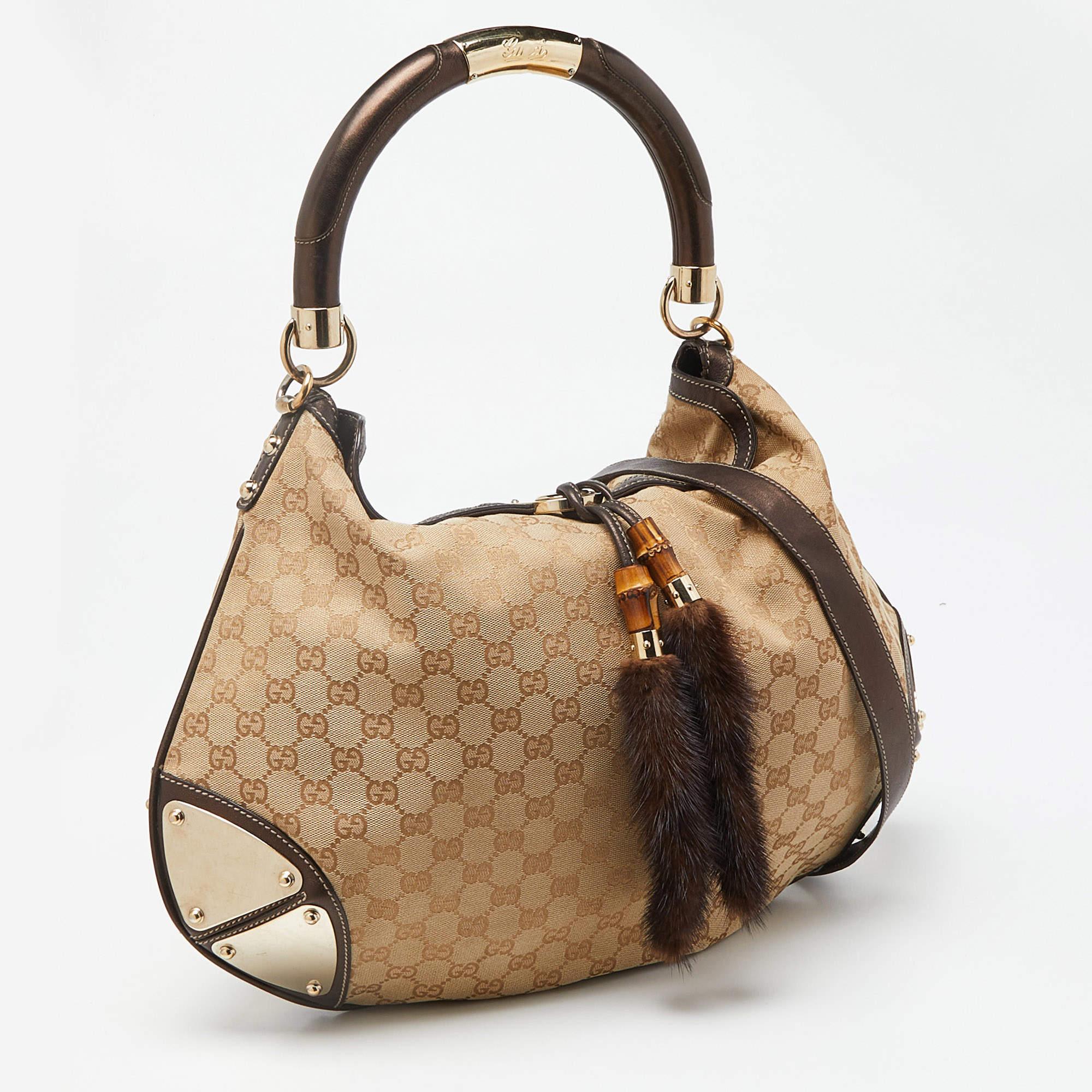 Women's Gucci Beige/Dark Brown GG Canvas and Leather/Mink Fur Large Babouska Indy Hobo