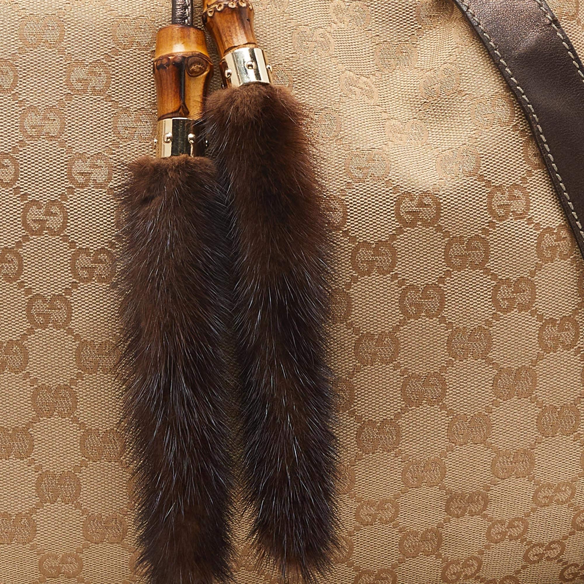 Gucci Beige/Dark Brown GG Canvas and Leather/Mink Fur Large Babouska Indy Hobo 3