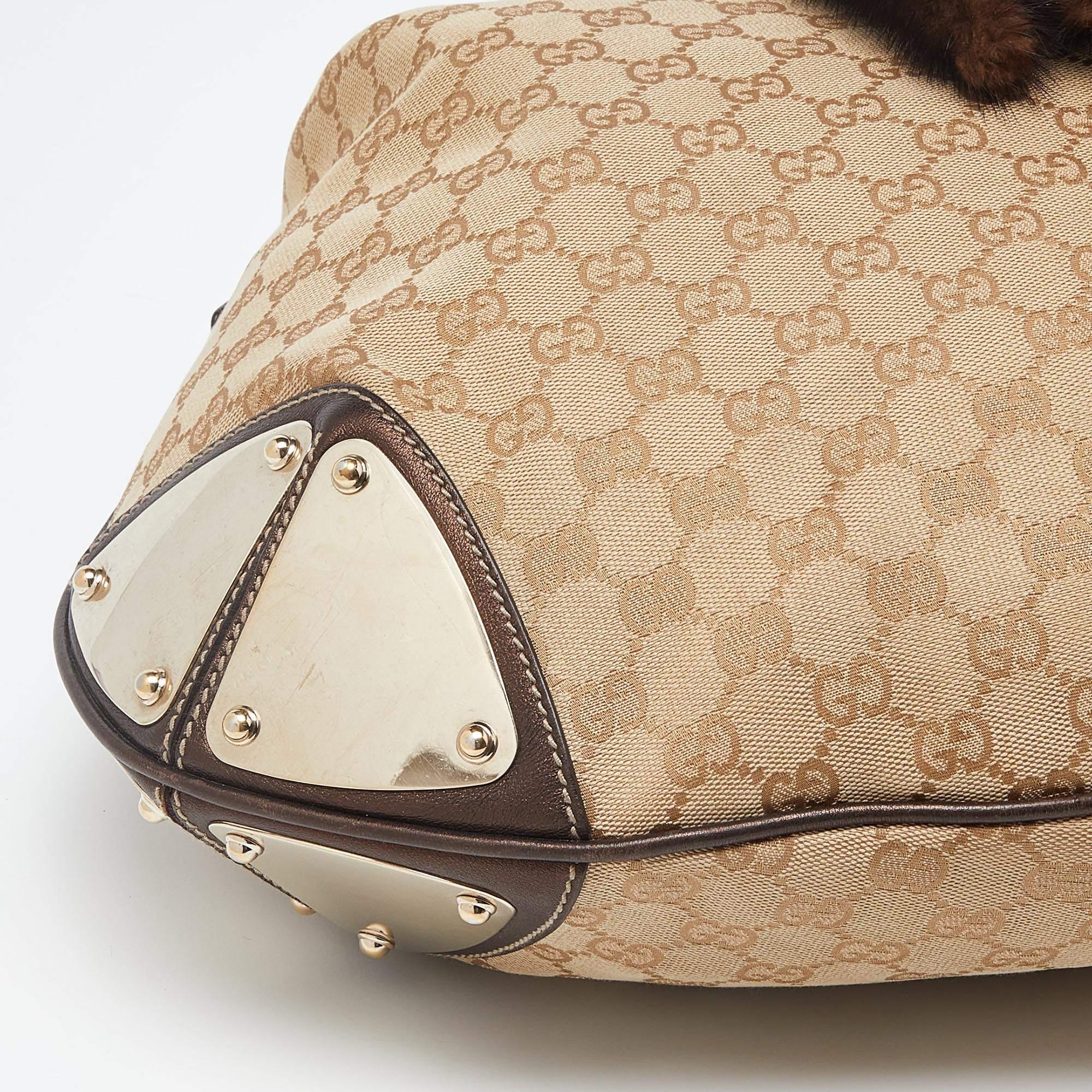 Gucci Beige/Dark Brown GG Canvas and Leather/Mink Fur Large Babouska Indy Hobo 4
