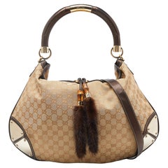 Gucci Beige/Dark Brown GG Canvas and Leather/Mink Fur Large Babouska Indy Hobo