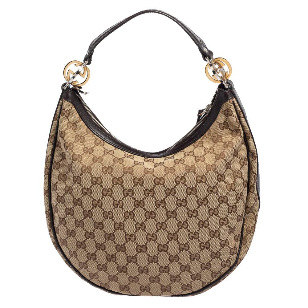 Gucci Beige/Dark Brown GG Canvas and Leather Twins Small Hobo