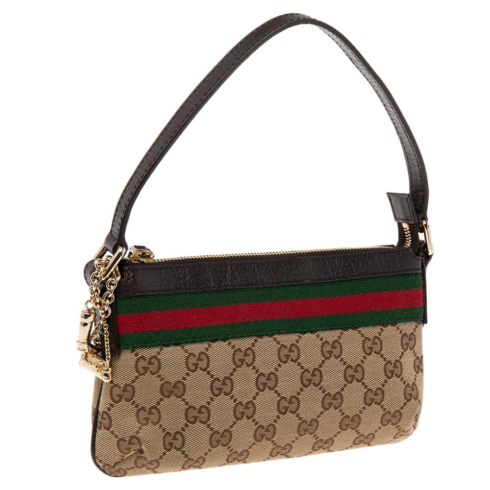 Women's Gucci Beige/Dark Brown GG Canvas and Leather Web Pochette Clutch Bag