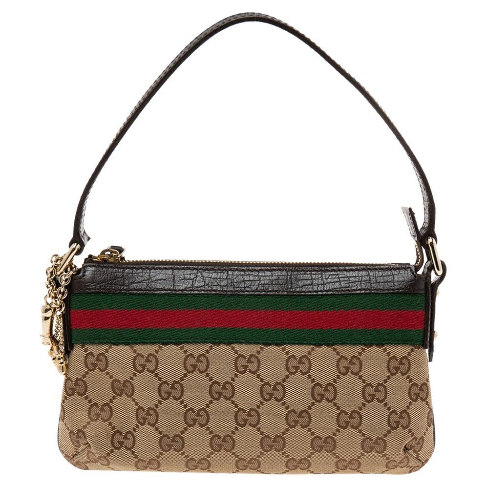 Gucci Beige/Dark Brown GG Canvas and Leather Web Pochette Clutch Bag