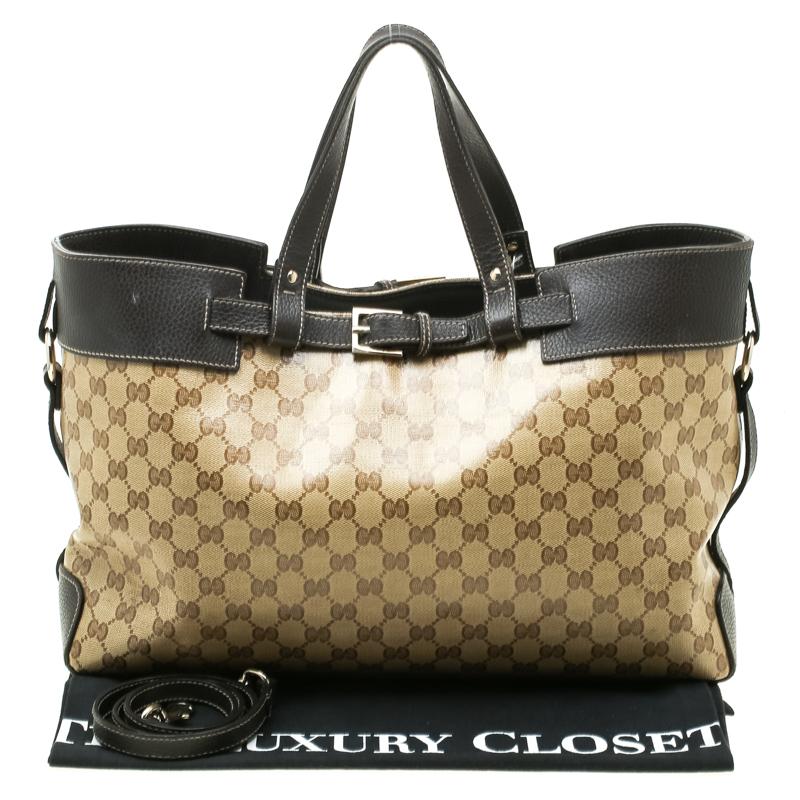 Gucci Beige/Dark Brown GG Crystal Canvas and Leather Belt Tote 8