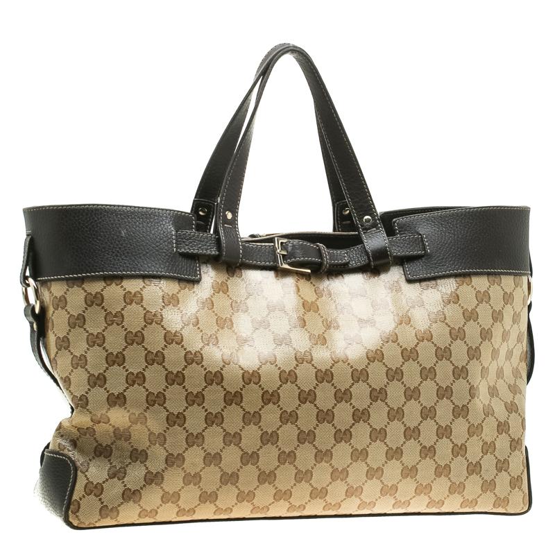 Women's Gucci Beige/Dark Brown GG Crystal Canvas and Leather Belt Tote