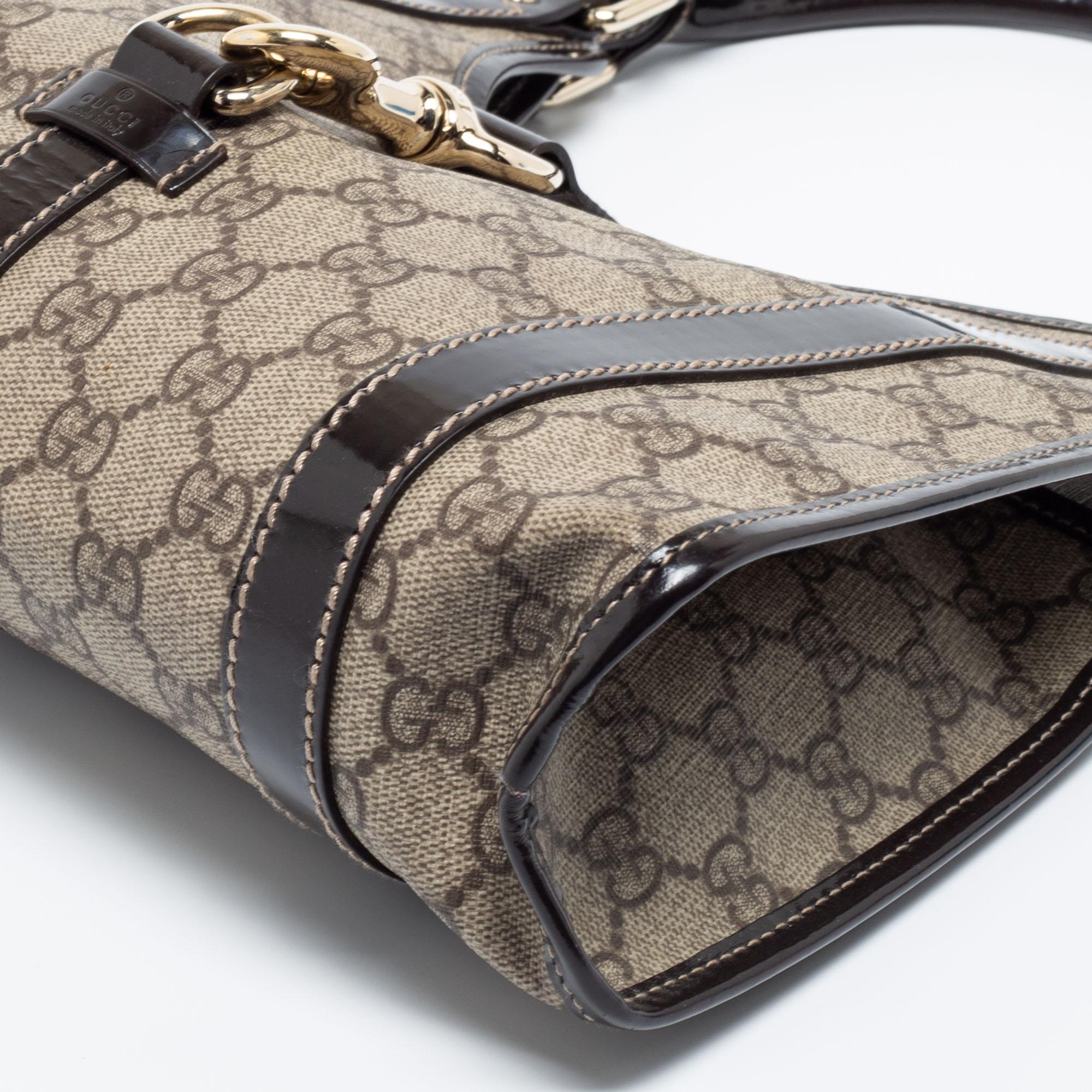 Gucci Beige/Dark Brown GG Supreme Canvas And Patent Leather Joy Hobo 5