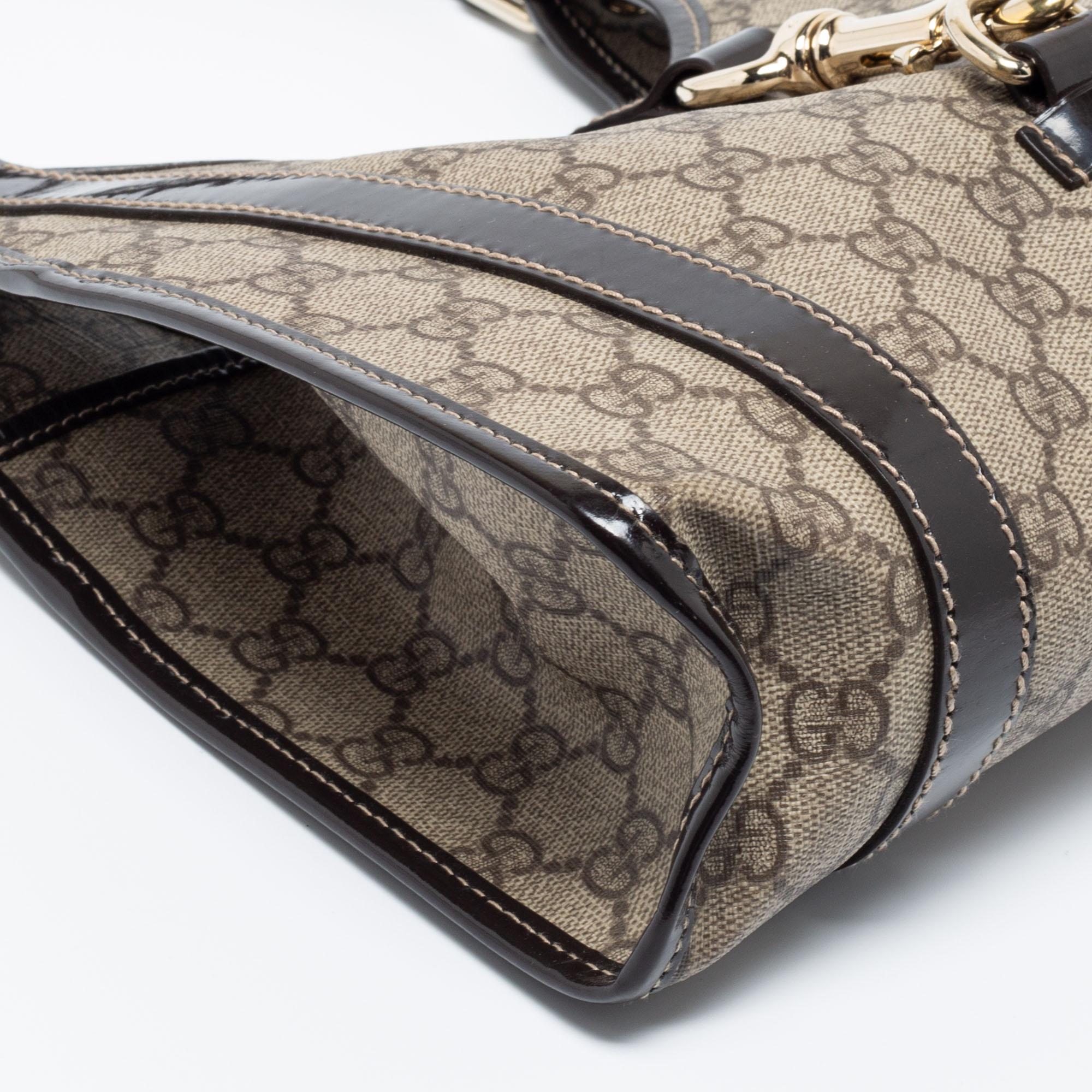 Gucci Beige/Dark Brown GG Supreme Canvas And Patent Leather Joy Hobo 7
