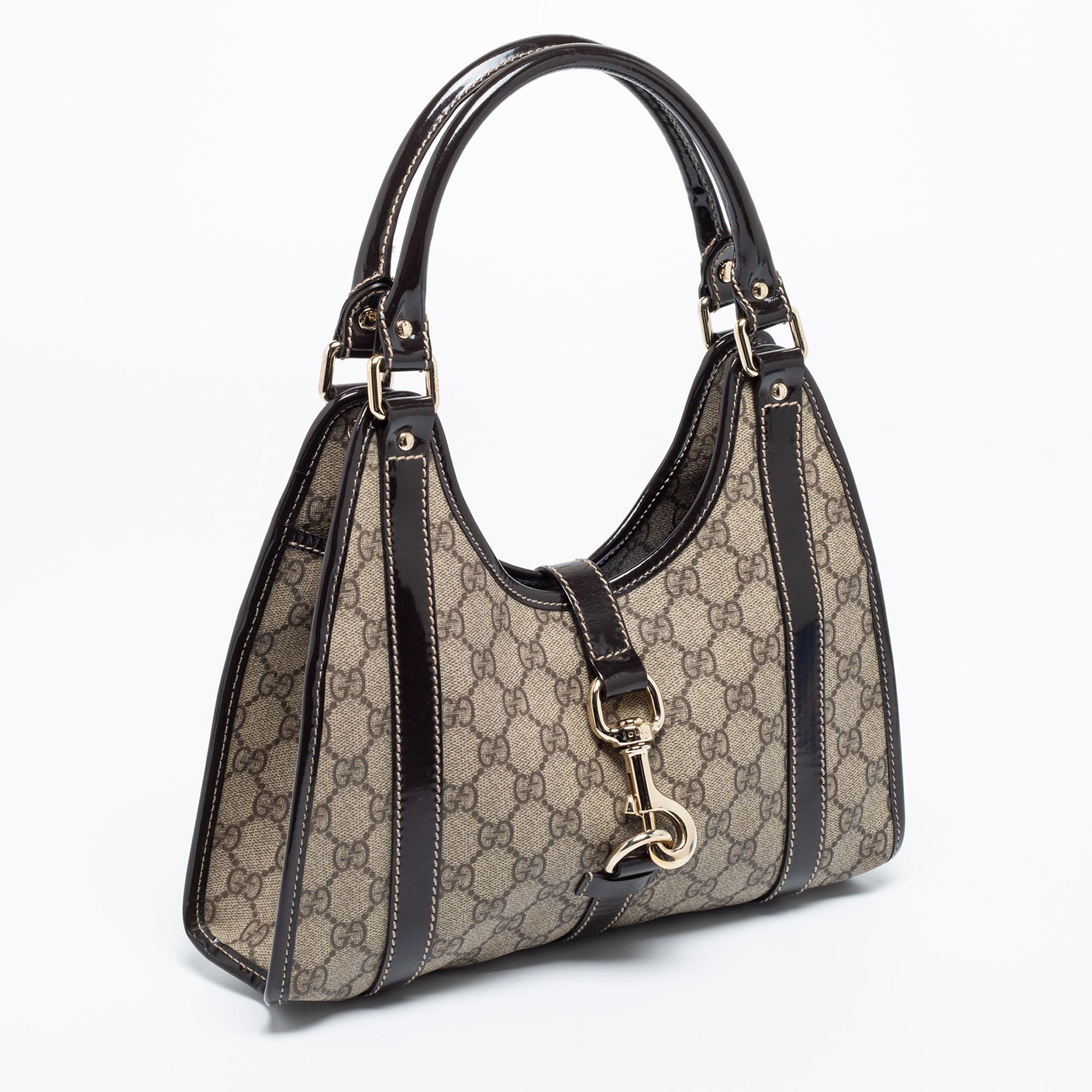Gucci Beige/Dark Brown GG Supreme Canvas And Patent Leather Joy Hobo In Good Condition In Dubai, Al Qouz 2