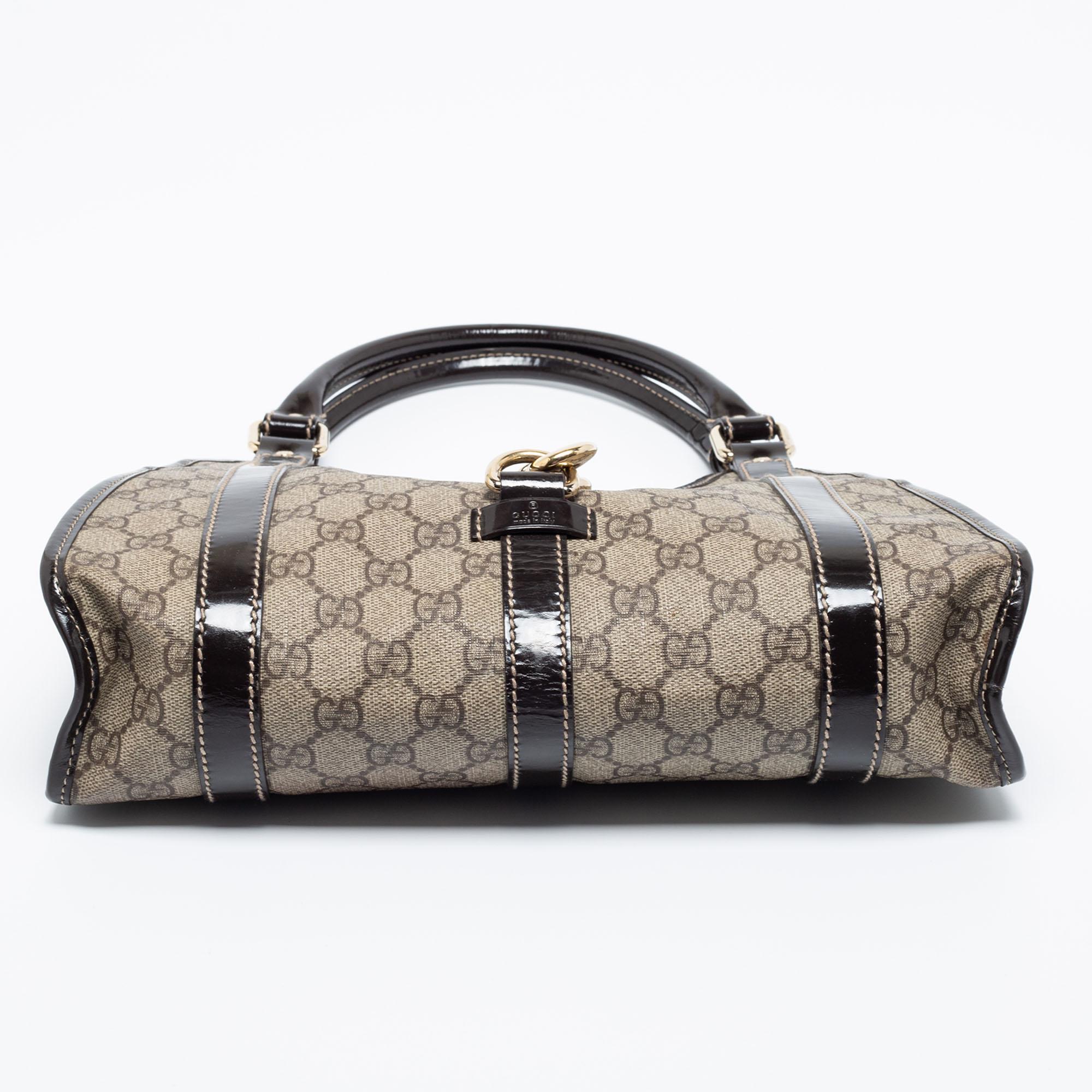 Women's Gucci Beige/Dark Brown GG Supreme Canvas And Patent Leather Joy Hobo