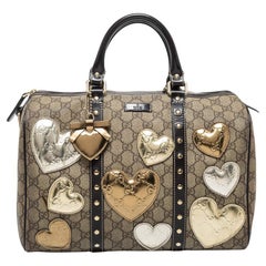 Gucci Beige/Dark Brown GG Supreme Canvas Leather Medium Hearts Joy Boston Bag