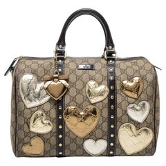 Used Gucci Beige/Dark Brown GG Supreme Canvas Leather Medium Hearts Joy Boston Bag