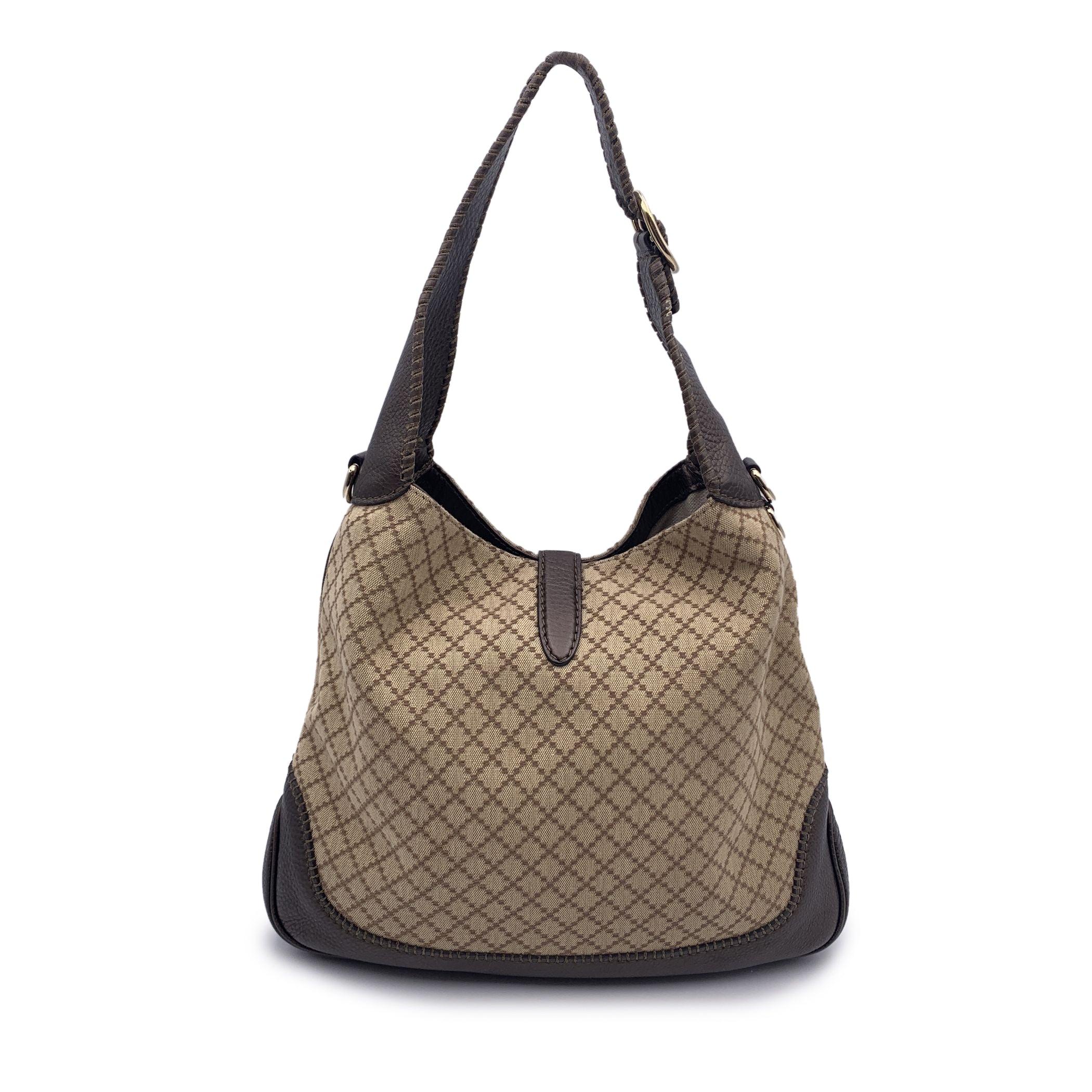 Gucci Beige Diamante Canvas Leather New Jackie Tote Hobo Bag In Good Condition For Sale In Rome, Rome