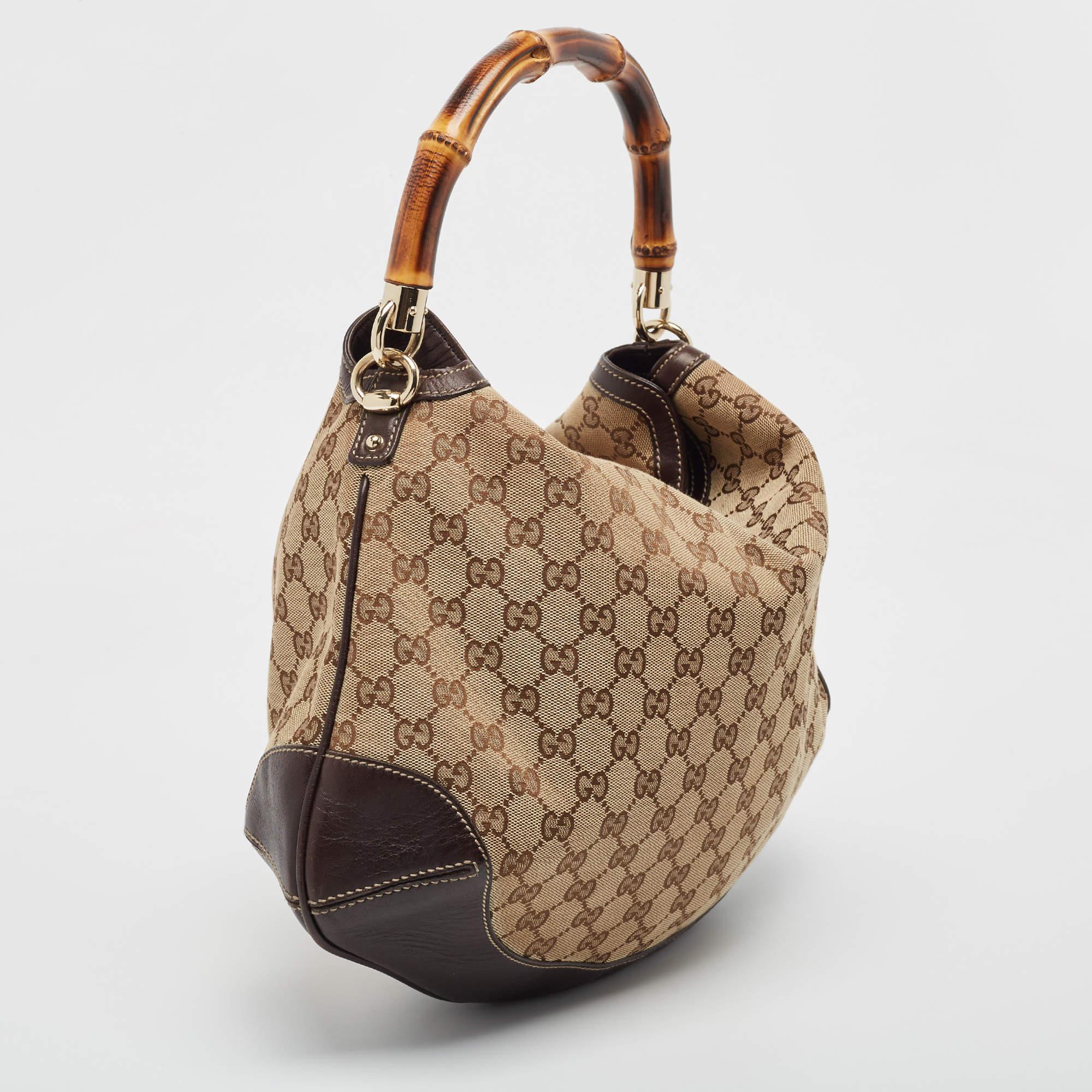 Women's Gucci Beige/Ebony GG Canvas and Leather Bamboo Shoulder Bag