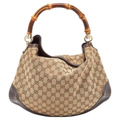 Gucci Beige/Ebony GG Canvas and Leather Bamboo Shoulder Bag
