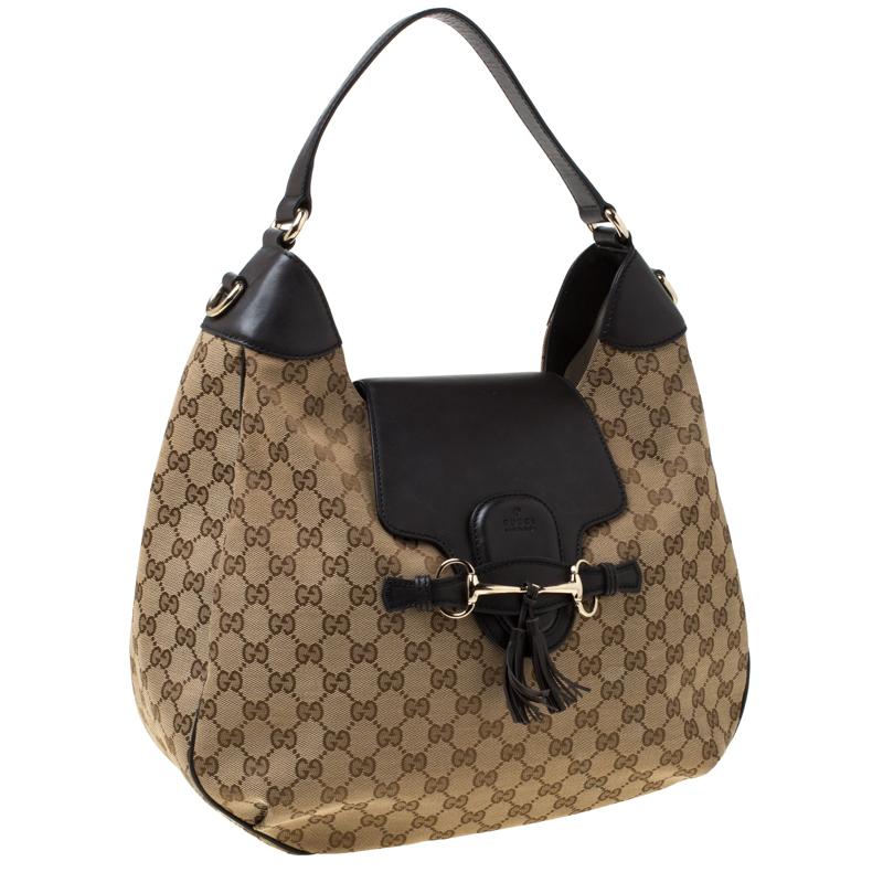 Brown Gucci Beige/Ebony GG Canvas and Leather Emily Chain Hobo