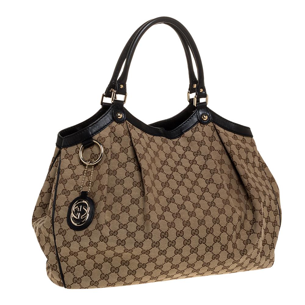 Brown Gucci Beige/Ebony GG Canvas and Leather Large Sukey Tote