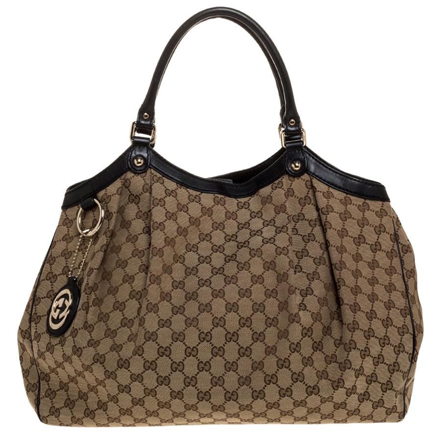 Gucci Beige/Ebony GG Canvas and Leather Large Sukey Tote