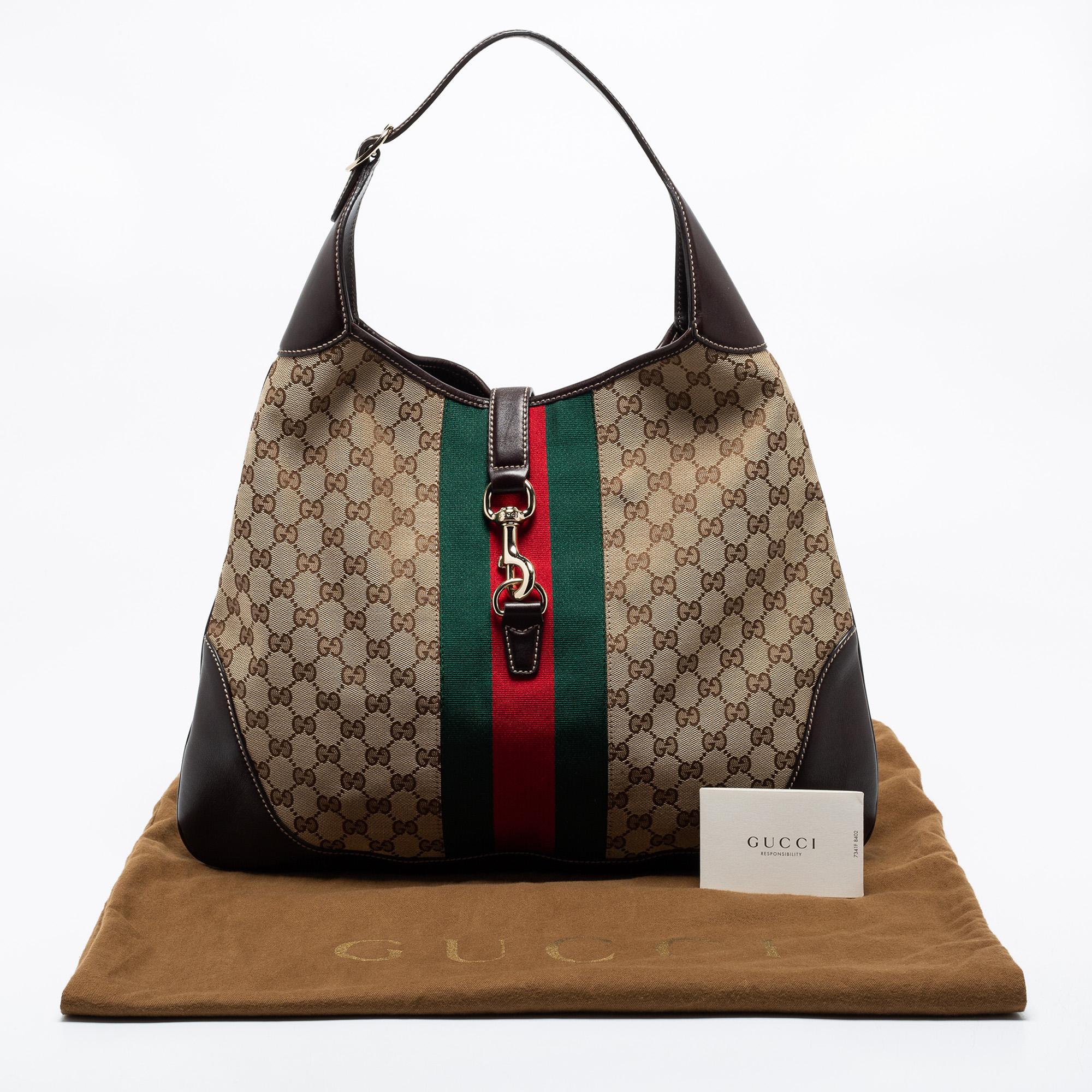 Gucci Beige/Ebony GG Canvas And Leather Large Web Jackie O Bouvier Hobo 9