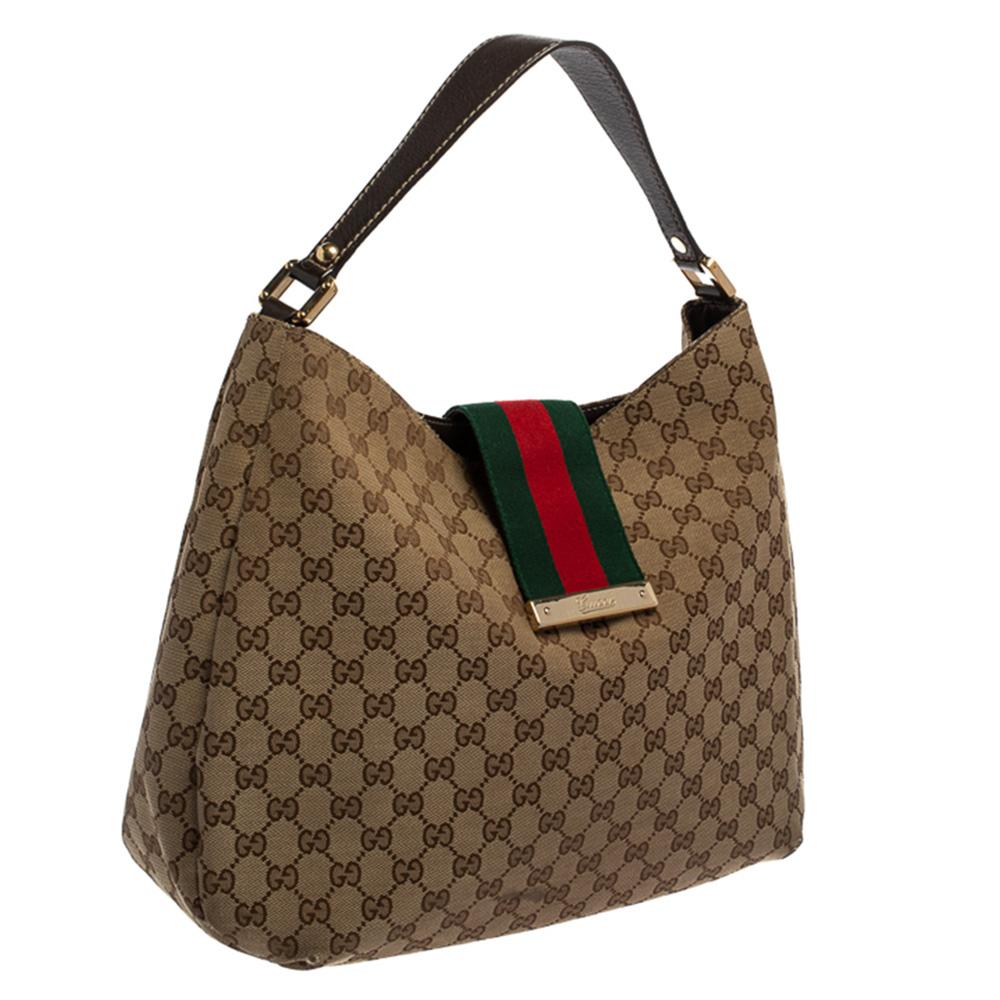 Gucci Beige/Ebony GG Canvas and Leather Medium New Ladies Web Hobo In Fair Condition In Dubai, Al Qouz 2