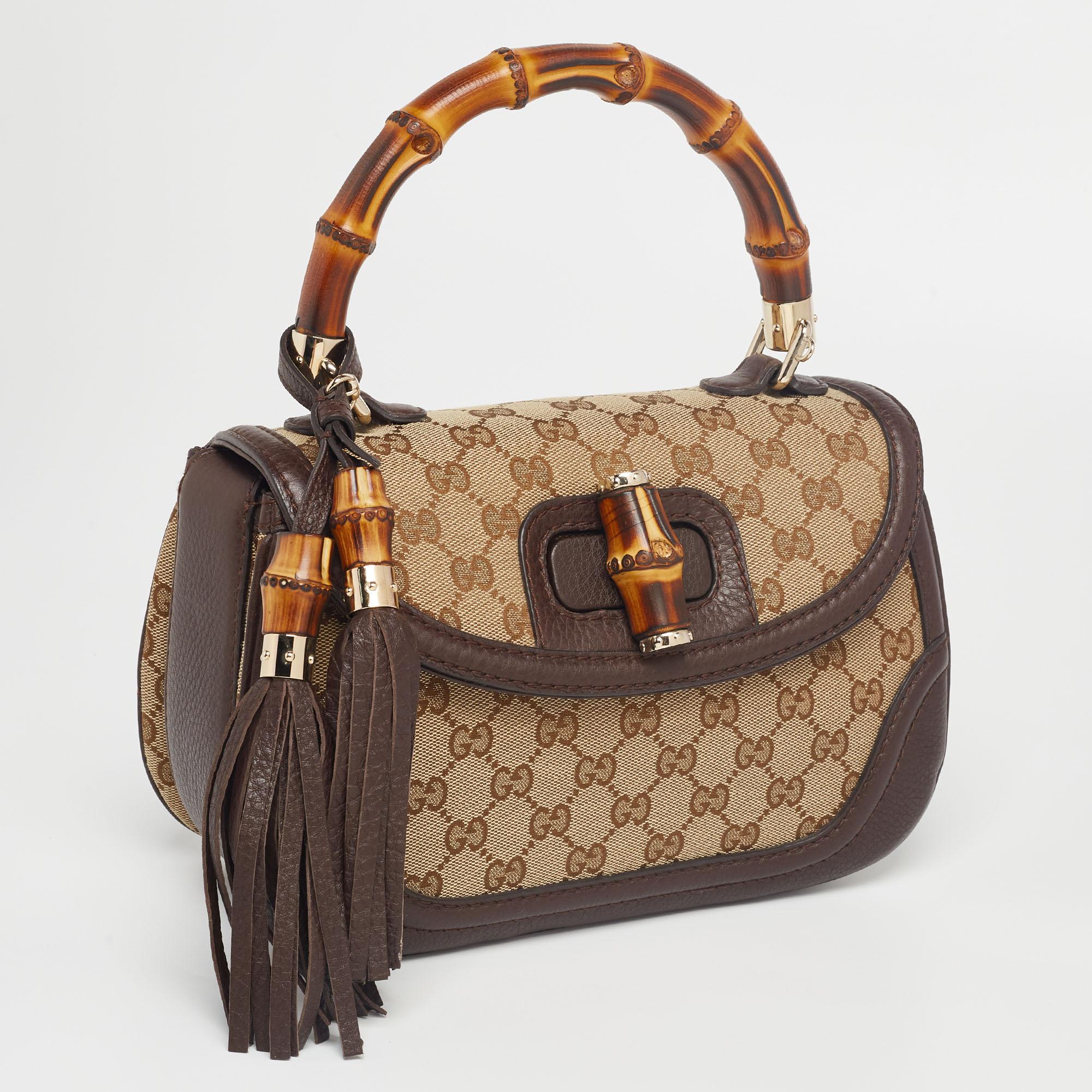 Gucci Beige/Ebony GG Canvas and Leather New Bamboo Top Handle Bag In Excellent Condition In Dubai, Al Qouz 2