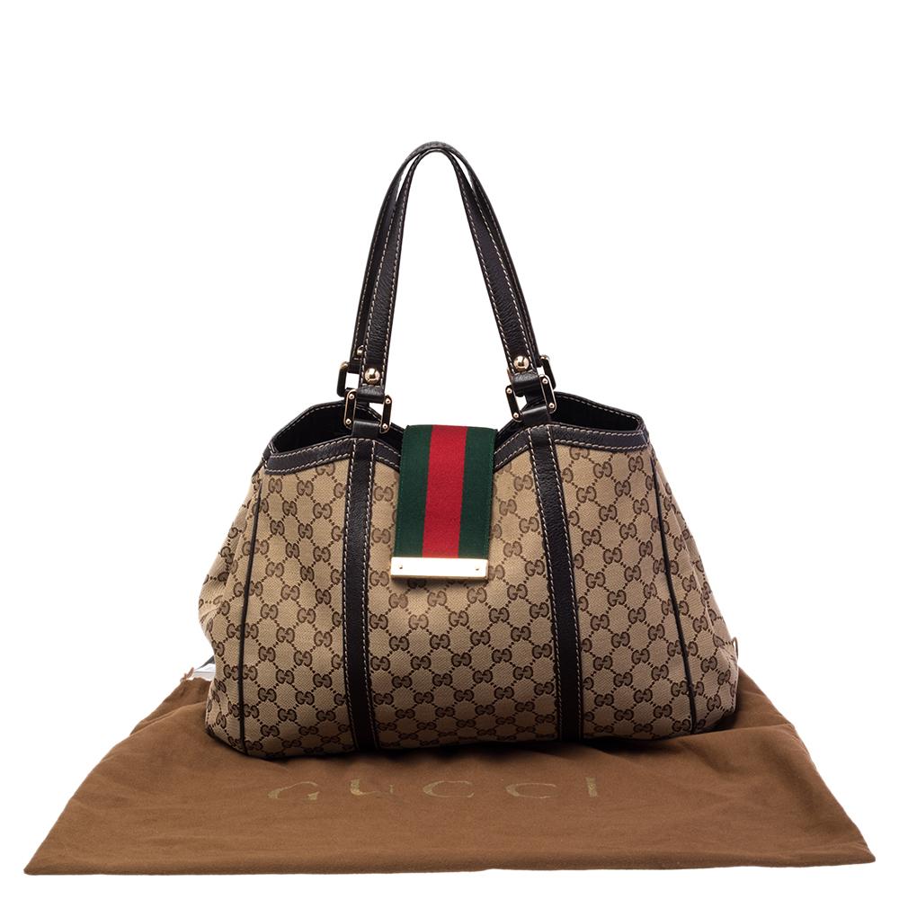 Gucci Beige/Ebony GG Canvas and Leather New Ladies Web Tote 5