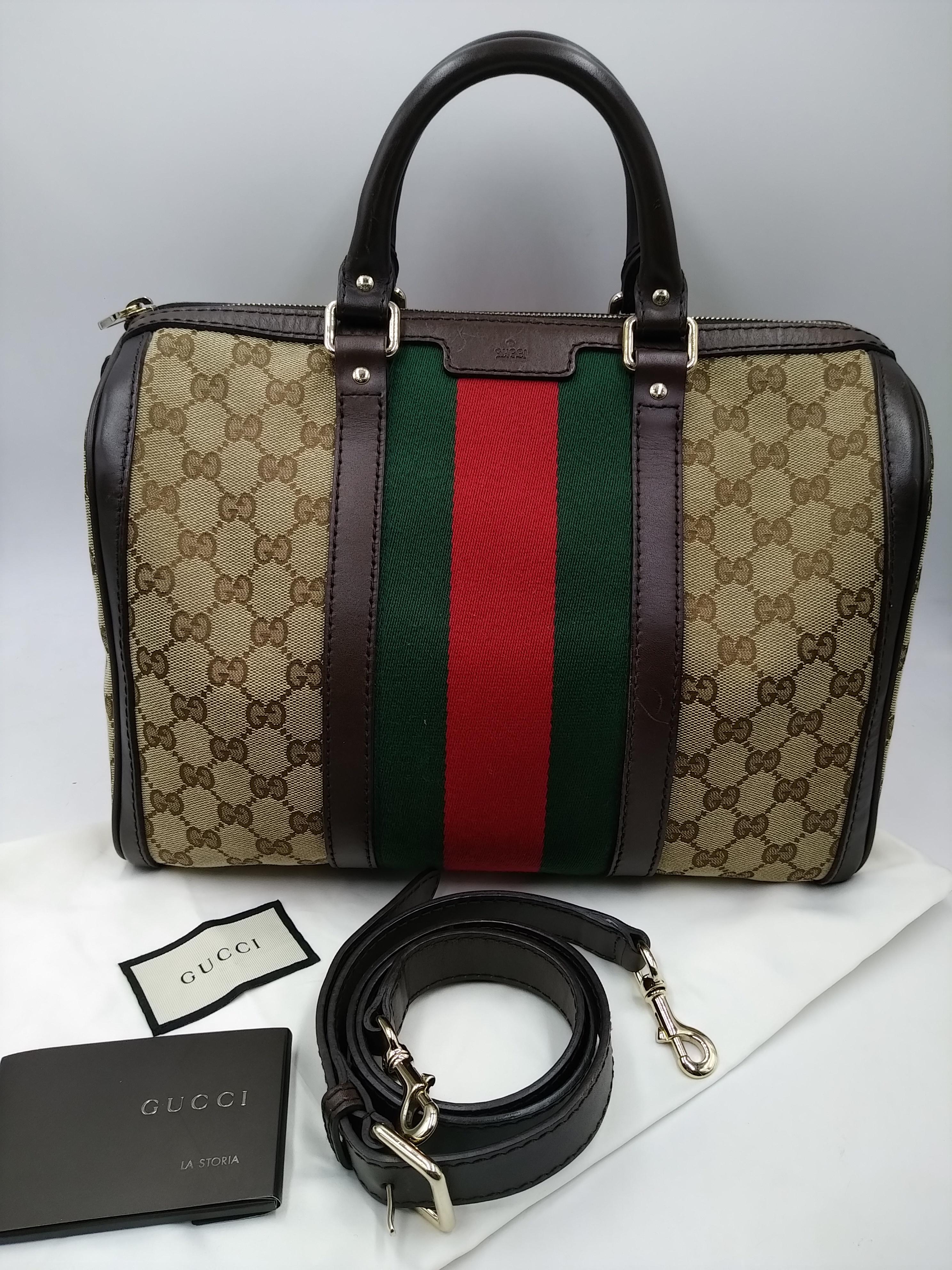 Gucci Beige/Ebony GG Canvas Vintage Web Medium Boston Bag with Shoulder Strap 6