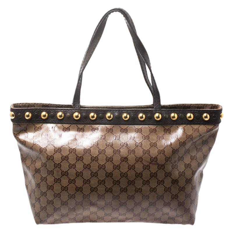 Brown Gucci Beige/Ebony GG Crystal Canvas and Leather Medium Babouska Tote For Sale