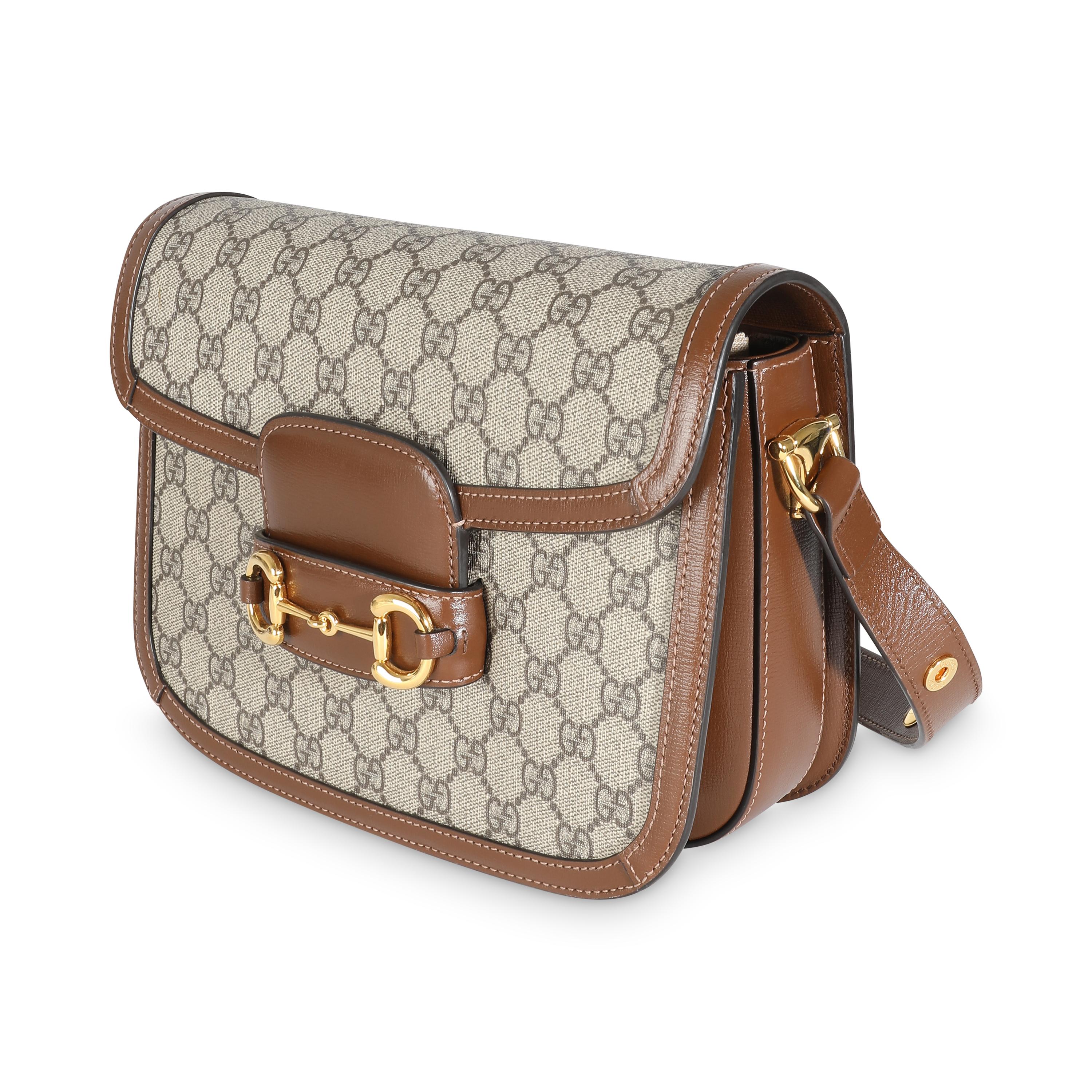 Women's Gucci Beige Ebony GG Supreme Canvas 1955 Horsebit Shoulder Bag For Sale
