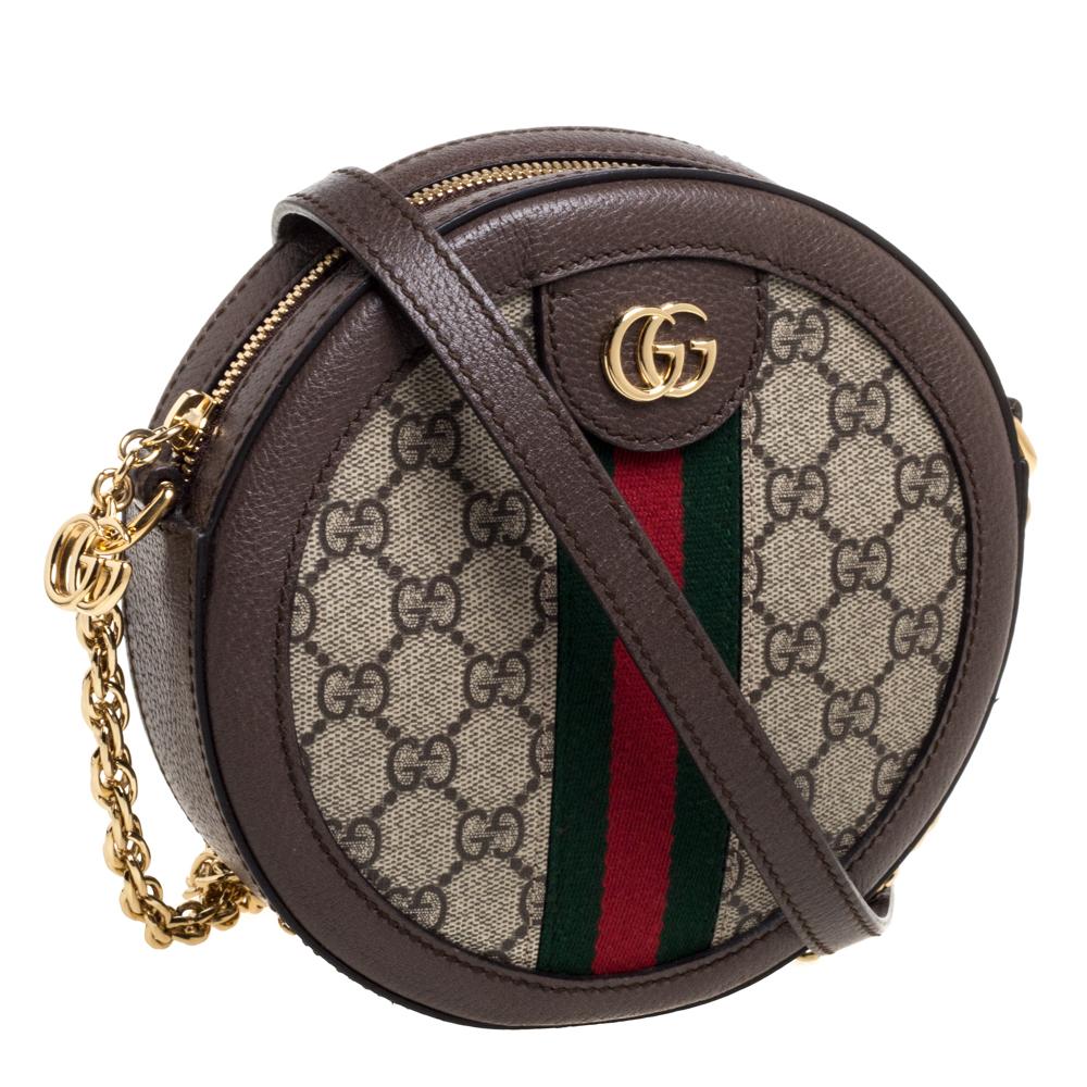 Gucci Beige/Ebony GG Supreme Canvas and Leather Mini Ophidia Round Shoulder Bag In Good Condition In Dubai, Al Qouz 2