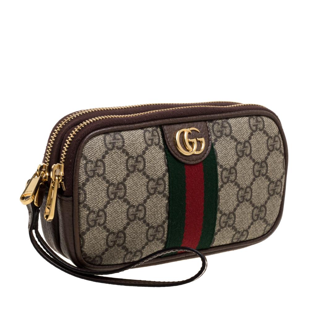 Black Gucci Beige/Ebony GG Supreme Canvas and Leather Ophidia Wristlet Pouch