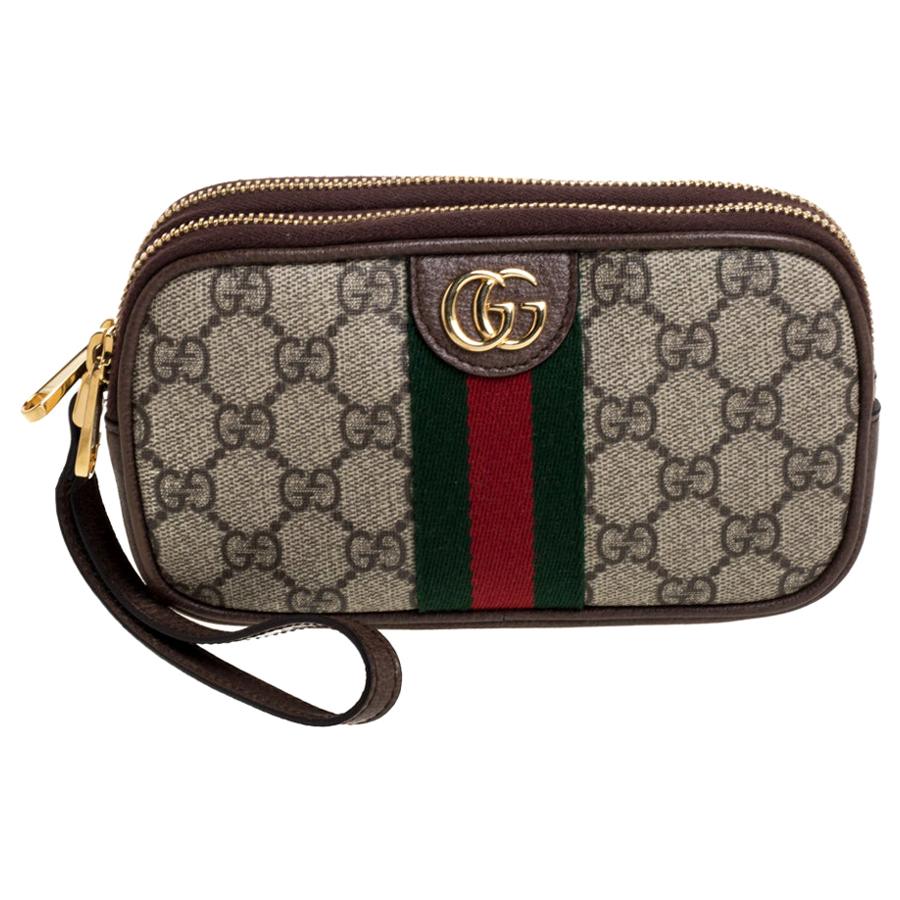 Gucci Beige/Ebony GG Supreme Canvas and Leather Ophidia Wristlet Pouch