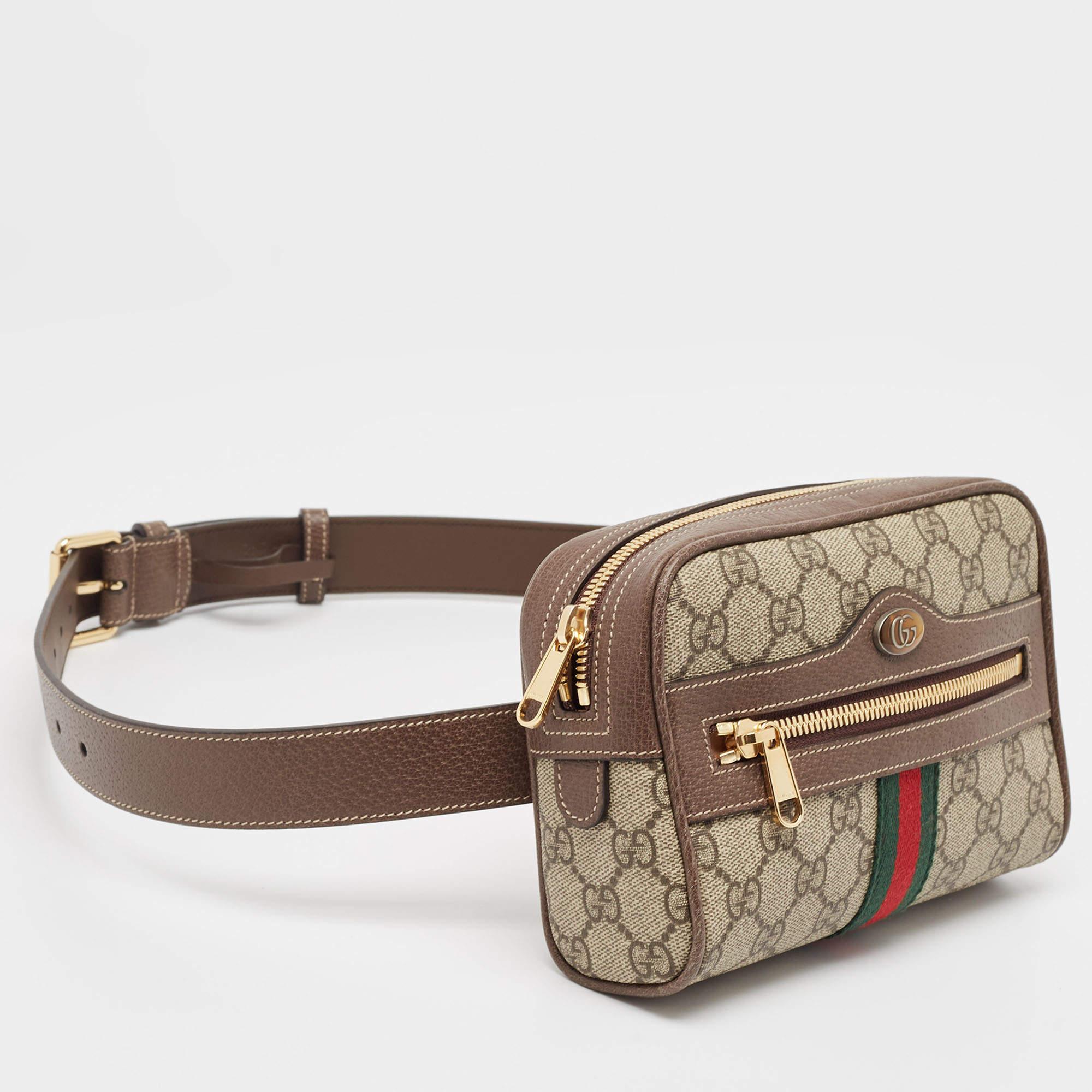 Brown Gucci Beige/Ebony GG Supreme Canvas and Leather Small Ophidia Belt Bag For Sale