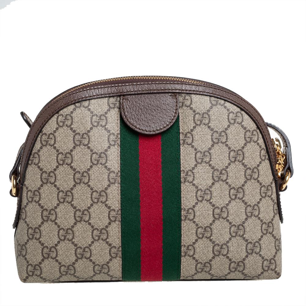 Gray Gucci Beige/Ebony GG Supreme Canvas and Leather Small Ophidia Crossbody Bag