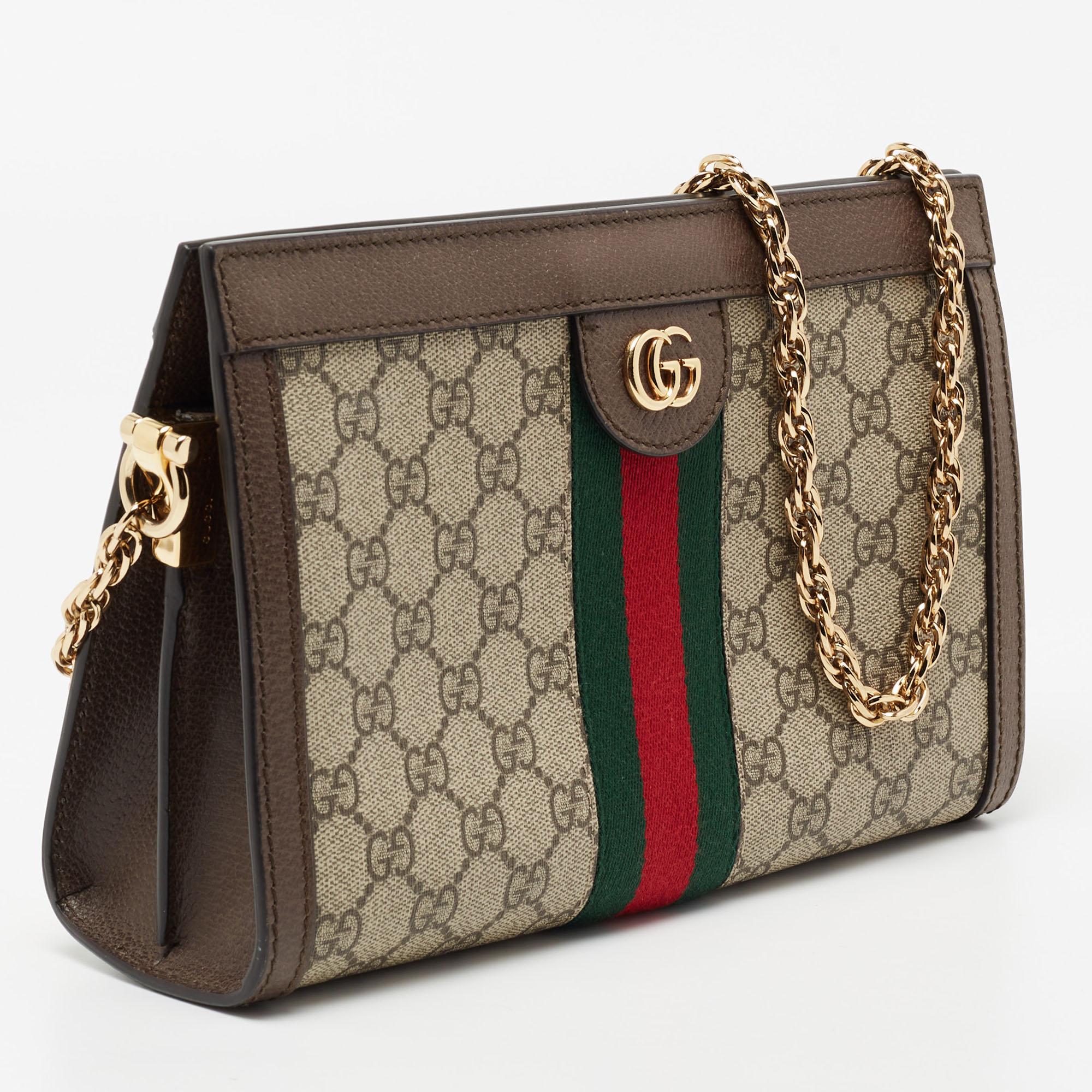 Women's Gucci Beige/Ebony GG Supreme Canvas and Leather Small Ophidia Shoulder Bag