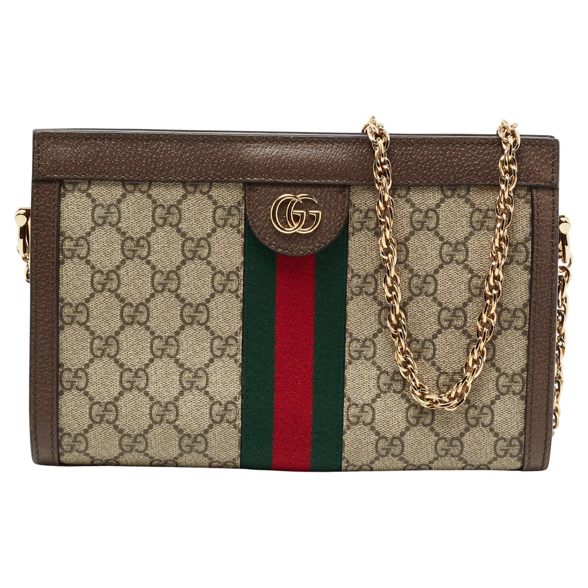 Gucci Beige Ebony GG Supreme Canvas And Leather Small Ophidia Shoulder Gucci Beige Ebony GG Supreme Canvas And Leather Small Ophidia Shoulder