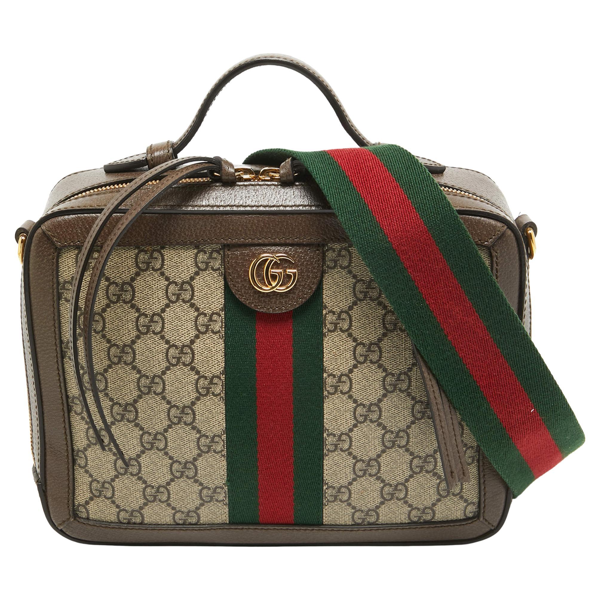 Gucci Beige/Ebony GG Supreme Canvas and Leather Small Ophidia Top Handle Bag