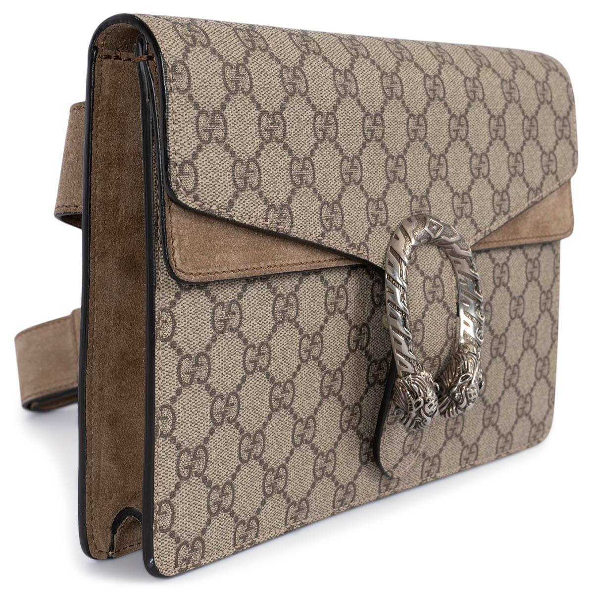 100% authentic Gucci Dionysus belt bag in taupe and brown GG Supreme canvas and beige suede leather. The design features silver-tone hardware come with an open pocket under the flap. Lined in beige suede. Can be worn as a belt bag or crossbody. Has