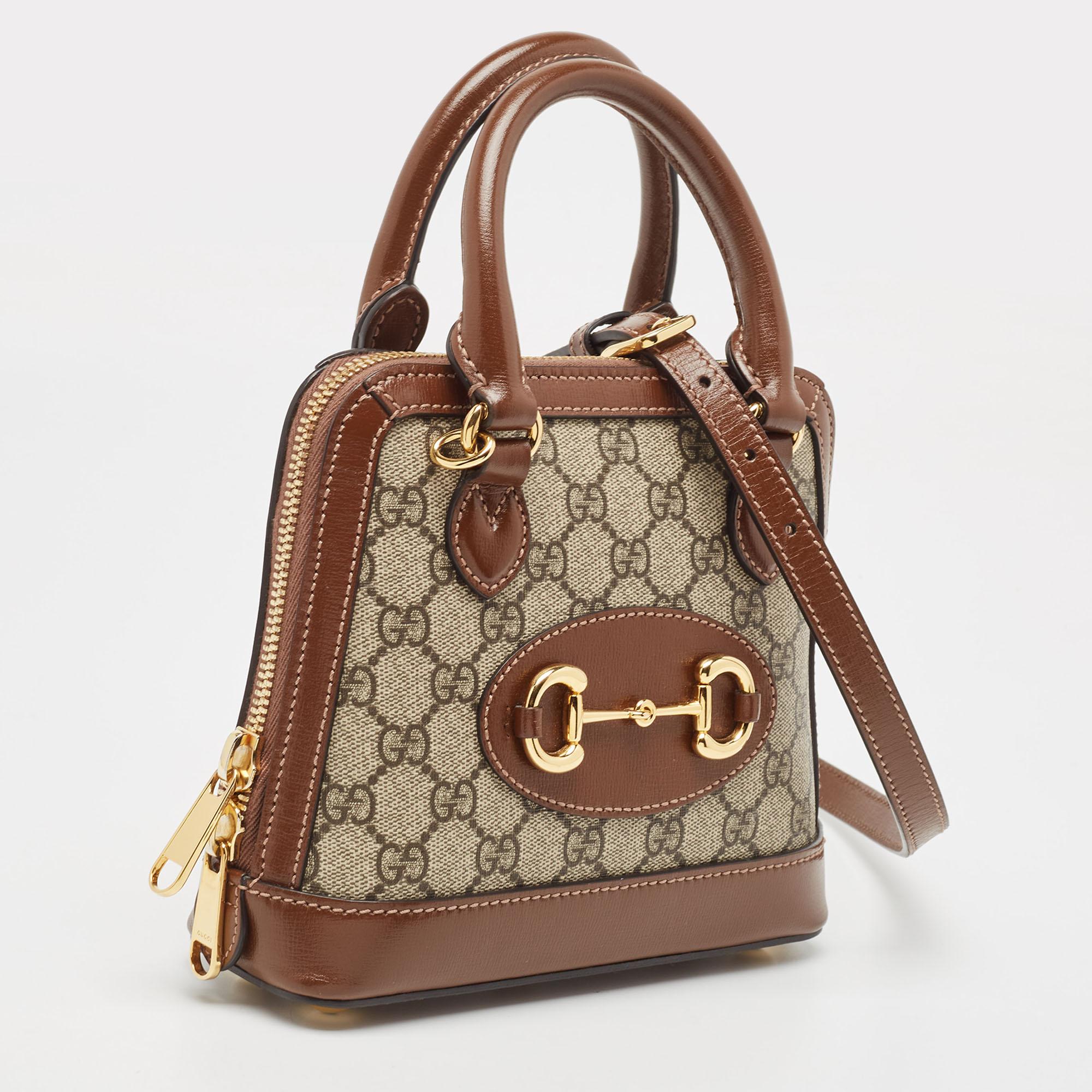 Women's Gucci Beige/Ebony GG Supreme Canvas Mini Horsebit 1955 Top Handle Bag