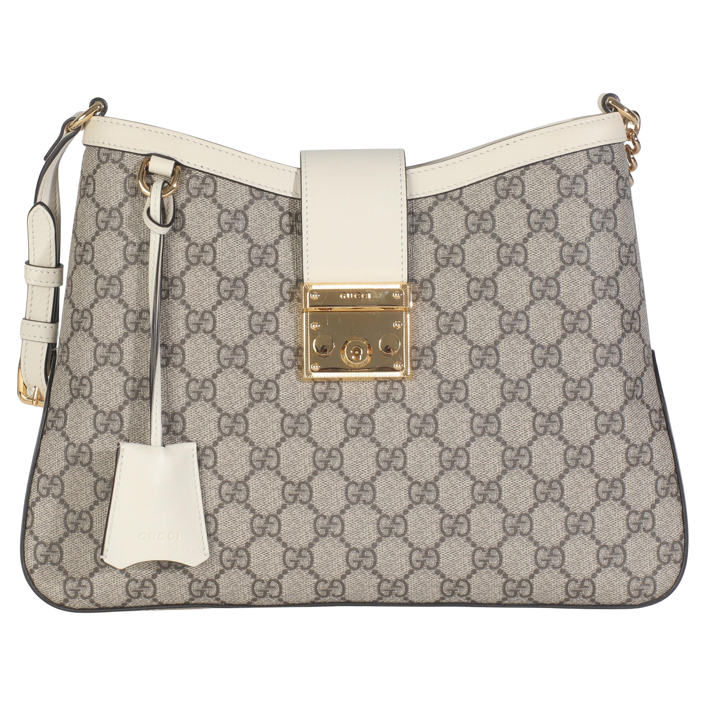 Gucci Beige Ebony GG Supreme Canvas Moon Calfskin Medium Padlock Shoulder Bag en vente