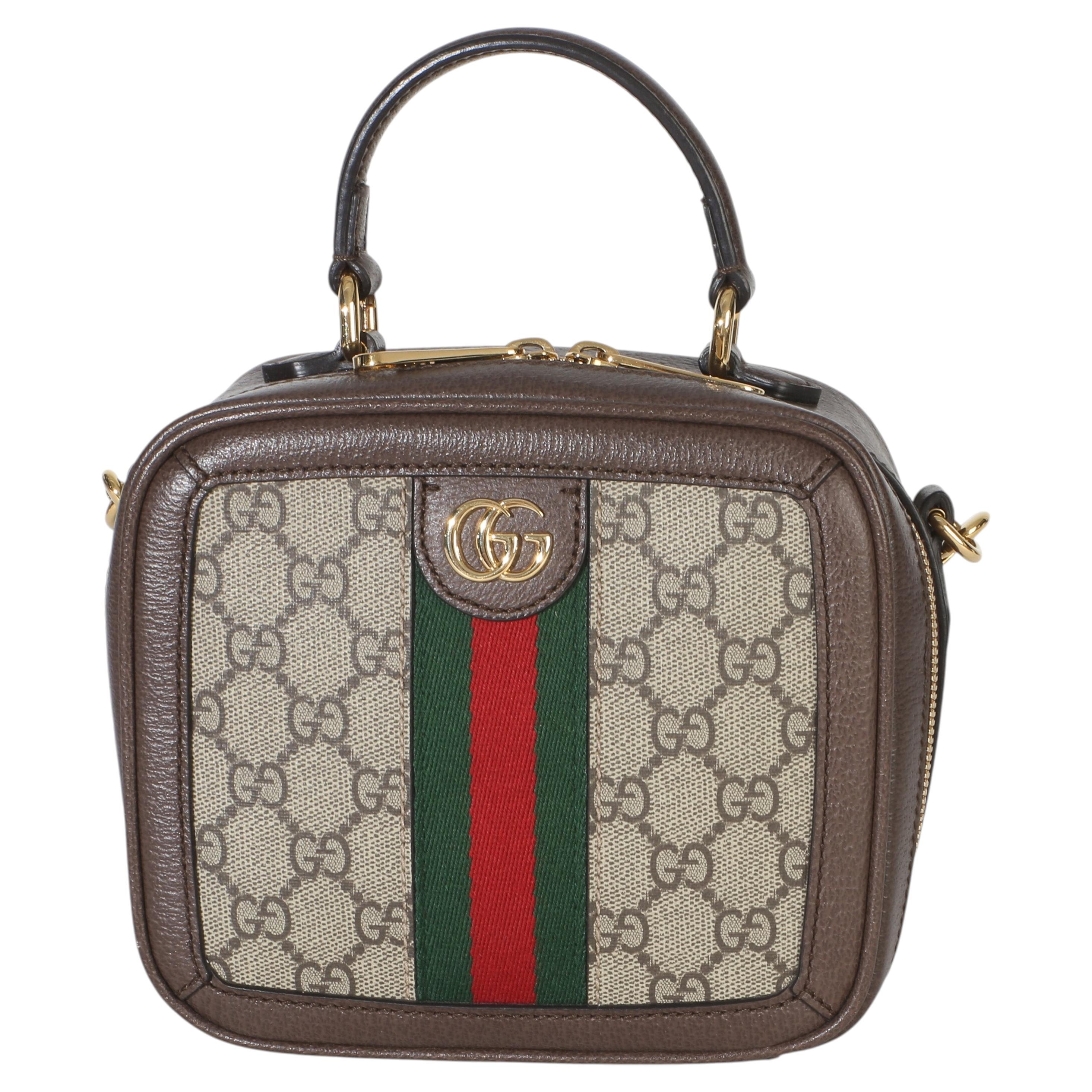 Bolso de hombro mini Ophidia de Gucci con asa superior, de lona GG Supreme en color beige y ébano, con diseño Web