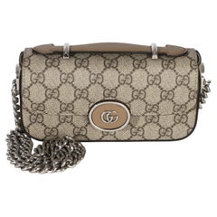 Gucci Beige Ebony GG Supreme Senna Petite GG Top Handle Chain Shoulder Bag