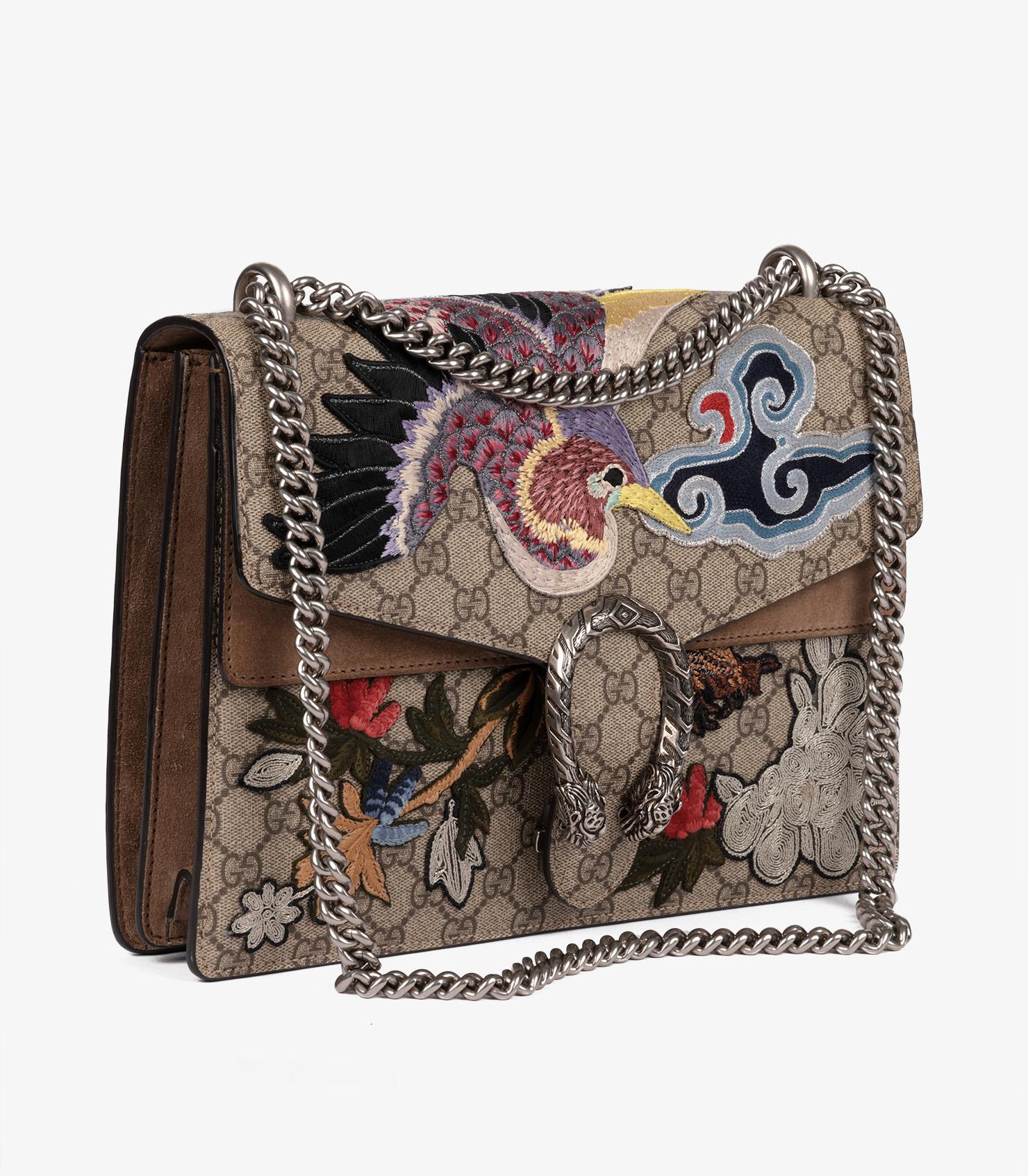 Gray Gucci Beige Embroidered GG Supreme Canvas & Brown Suede Medium Dionysus